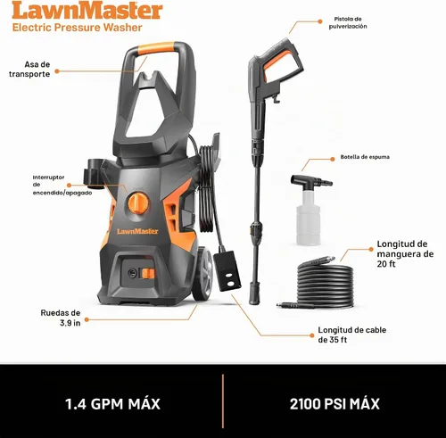 Vista 6 de LawnMaster LT306-1800C Lavadora a presión eléctrica de 13 amperios, 1.4 GPM, 2100 PSI máximo Certificada CSA con botella de espuma 13 amperios