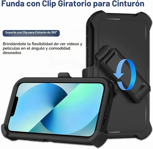 Vista 2 de Funda para iPhone 13 con funda de clip para cinturón, 2 protectores de pantalla, resistente grado militar, cuerpo completo, a prueba de golpes, a