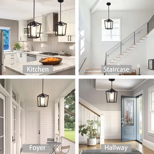 Vista 2 de Luces colgantes negras para isla de cocina, lámparas de 1 luz, iluminación de isla de granja, lámpara colgante de linterna para pasillo, vestíbulo