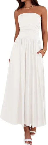 Vista 21 de BTFBM Vestidos largos de verano para mujer, vestido sin tirantes Marrón