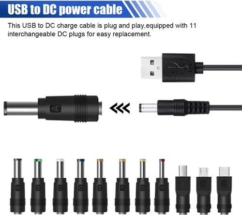Vista 3 de Cargador de coche de 12 V con cable de alimentación de 5 V CC, cable de alimentación universal de 0.217 x 0.083 in con 11 conectores, cable de carga