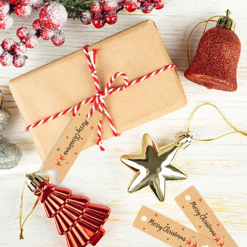 Vista 4 de Anwyll Pequeñas etiquetas de regalo de Navidad – 100 etiquetas de regalo de Navidad con cuerda, ciervos, etiqueta de envoltura de regalo de Feliz