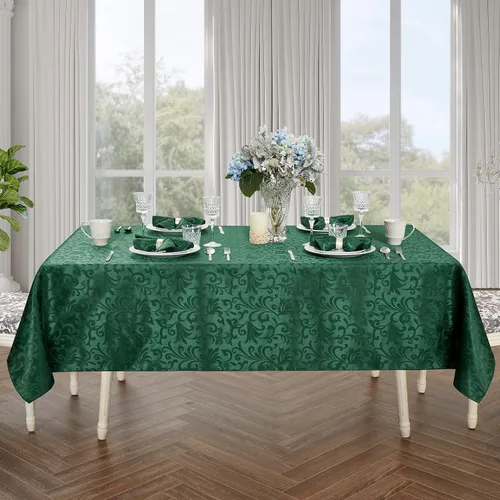 Vista 5 de Mantel cuadrado de damasco de desplazamiento verde jacquard de 52 x 52 pulgadas, mantel lavable para mesa de comedor, fiestas de buffet y campamento