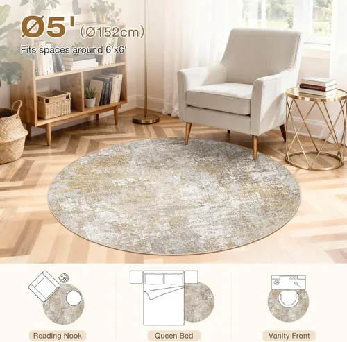 Vista 8 de Tortania Alfombra redonda lavable de 5 pies para sala de estar: Alfombra moderna abstracta neutra grande suave y delgada – Alfombra antideslizante