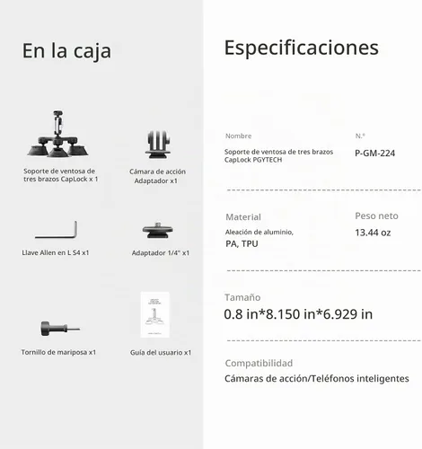 Vista 9 de PGYTECH CapLock - Soporte de triple succión compatible con DJI OSMO Action 4/3/2, Gopro Hero 11/10/9/8 con adaptador de rosca estándar de 1/4"-20