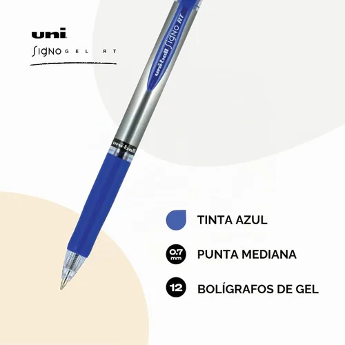 Vista 2 de Uniball Signo - Bolígrafo de gel retráctil, mediano de 0.028 in, tinta azul, barril con detalles azul/metálico, docena (paquete de 12)