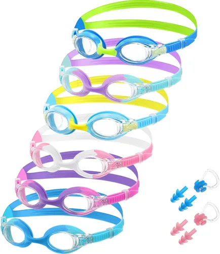 Vista 9 de Macarrie 6 gafas de natación para niños, sin fugas, antiniebla, para niños y niñas, con clip para la nariz, tapones para los oídos, de 3 a 14 años
