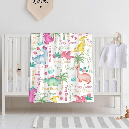 Vista 32 de Manta de regalo personalizada de dinosaurio con nombre para niñas, niños, recién nacidos, dinosaurio, manta personalizada para envolver al bebé