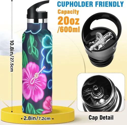 Vista 2 de Summer Neon Hibiscus Frangipani Flower - Botella de agua ligera con aislamiento deportivo con asa, para bebidas calientes y frías, doble pared