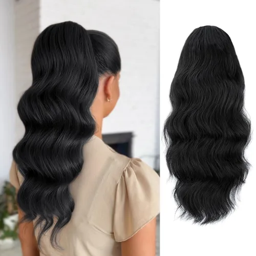 Vista 32 de FREEMEIGE Extensión de Cola de Caballo Negra con Cordón Extensión de Cola de Caballo Larga y Ondulada para Mujeres Extensión de Cabello de Cola de 1b