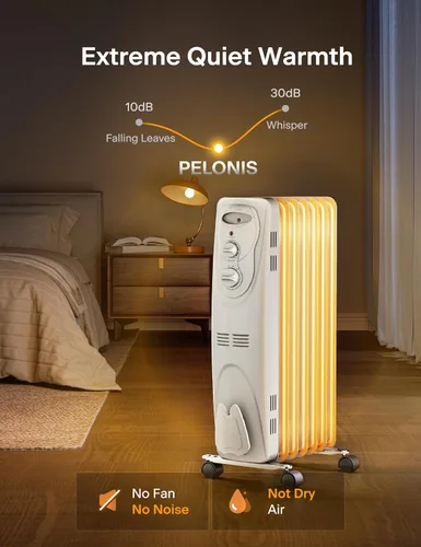 Vista 11 de PELONIS Calentador de radiador para grandes espacios, radiador eléctrico lleno de aceite, dos perillas, 1500 W, calentador de espacio silencioso, 3