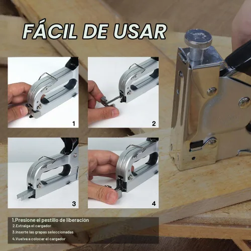 Vista 4 de Pistola grapadora para tapicería resistente, DEWBIN 4 en 1 con 2000 grapas, grapadora manual con ajuste de potencia para muebles, madera, Grapadora