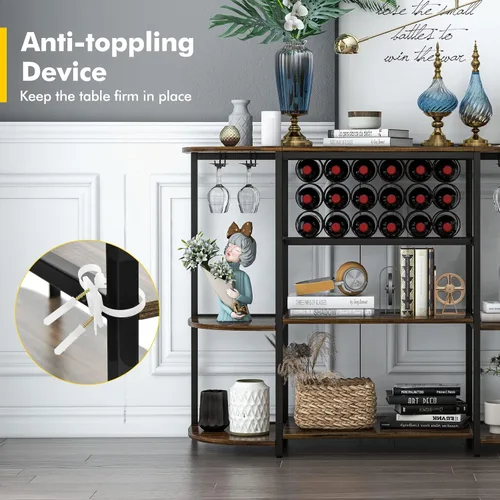 Vista 9 de LOKO Mesa de estante para vinos, gabinete industrial de bar de vino de 47 pulgadas con estante para vino y soportes para vidrio, gabinete