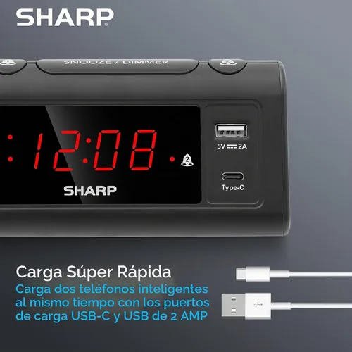 Vista 2 de Reloj de Alarma Sharp para Dormitorios, Carga USB-C Super Rápida y Carga USB de 2 Amperios Rápida, 2 Alarmas, Atenuador de 3 Pasos, Función Reposo