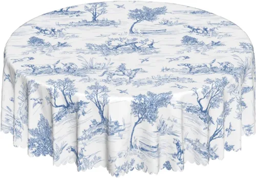 Vista 12 de Mantel redondo floral azul y blanco de 60 pulgadas, elegante mantel rústico vintage de flores, resistente a las manchas, impermeable, de poliéster