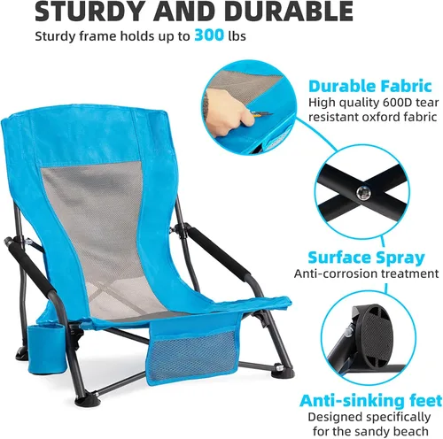 Vista 5 de Silla de playa plegable portátil para adultos, juego de 2, silla ligera con respaldo bajo con soporte para tazas y bolsillo de almacenamiento, silla