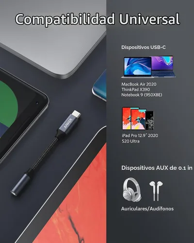 Vista 4 de Anker Adaptador de Audio USB C a 3.5mm, Cable de Nylon Macho a Hembra para Samsung S20/S20+/S20 Ultra, Pixel 4/+ 4XL, y Más Dispositivos Tipo C