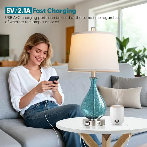 Vista 5 de QiMH Juego de 2 lámparas de mesa de cristal para sala de estar y dormitorio, luz LED de 22.5 pulgadas con control táctil, azul de 3 vías regulables