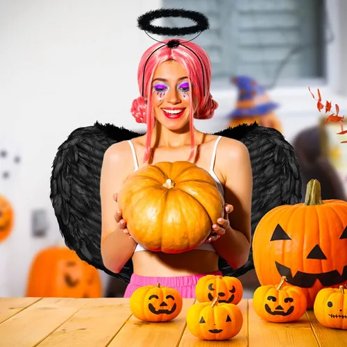 Vista 3 de YoleShy Diadema de alas de ángel negras y aureola de Halloween disfraz de alas negras para mujeres adultas alas de diablo de plumas de primera