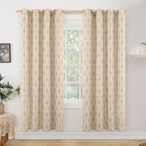Vista 22 de BGment - Cortinas francesas de campo amarillas mostaza de 63 pulgadas de largo para dormitorio, patrón botánico de jacquard de hojas, estilo rústico