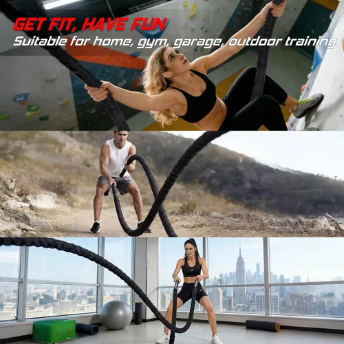 Vista 6 de Cuerda de batalla para entrenamiento de gimnasio en casa, 1.26 pulgadas, 30 pies, cuerdas de ejercicio de entrenamiento pesadas, equipo de fitness