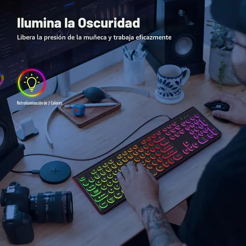 Vista 2 de Atelus Teclado USB con cable con retroiluminación de 7 colores, teclado de tamaño completo con teclas retro, teclado numérico y tecla de acceso