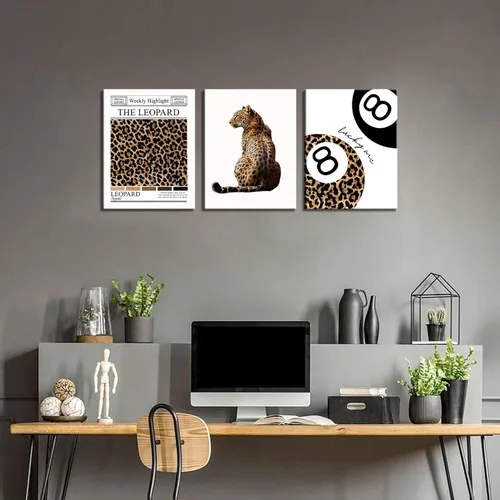 Vista 4 de Conjunto de 3 modernos pósteres de pared de leopardo en lona con bola de la suerte número 8, arte de pared elegante, decoraciones de pared