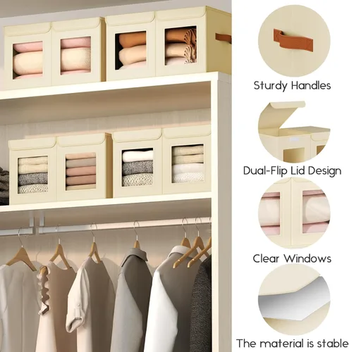 Vista 2 de Homsorout Contenedores grandes de almacenamiento para armario, organizador de ropa plegable dividido con tapas y doble ventana, contenedores Beige