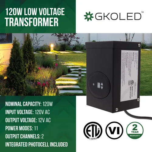 Vista 2 de GKOLED Transformador de bajo voltaje de 120 W con certificación ETL con fotocélula y temporizador, 120 V CA a 12 V CA paquete de alimentación