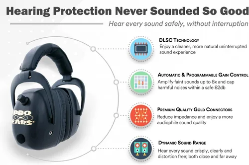 Vista 3 de Pro Ears – Pro Mag Gold – Protección y amplificación auditiva electrónica – NRR 30 – Cascos para campo de tiro.