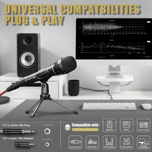 Vista 4 de Micrófono Dinámico - Micrófono Vocal Profesional para Cantar - Micrófono de Mano con Cable con Cable de Audio XLR de 16 ft a 1/4" - Micrófono