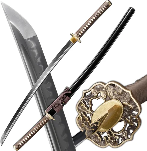 Vista 10 de Espada Katana Samurai, templada en arcilla, acero T10, Hamon real, espada completa Full Tang, hecha a mano, samurái, extremadamente afilada