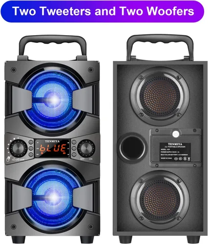 Vista 3 de Altavoces Bluetooth de 60 W, altavoz inalámbrico portátil con subwoofer doble, graves pesados, radio FM, micrófono, luces, ecualizador remoto, caja