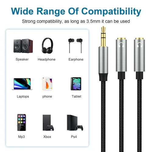 Vista 3 de Toxaoii Cable de extensión divisor de auriculares para computadora de 0.138 in hembra a 2 cables dobles de 0.138 in macho trenzado de audio estéreo