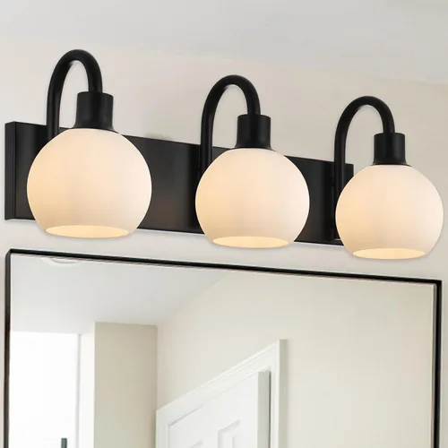 Vista 14 de Luz de tocador de baño con vidrio esmerilado en forma de globo de 2 luces, aplique de pared industrial negro para vestíbulo o pasillo