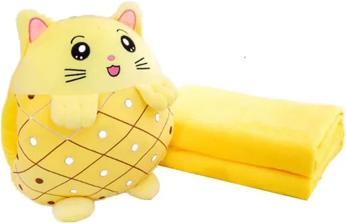 Vista 6 de YUDONG Juego de manta y almohada de viaje para niños, adorable almohada multifuncional 3 en 1 de felpa de frutas con diseño de calentador de manos