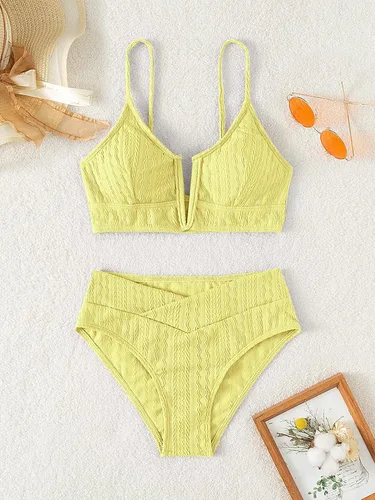Vista 6 de OYOANGLE Conjunto de bikini de 2 piezas para mujer, con textura en V, con alambre, traje de baño de cintura alta