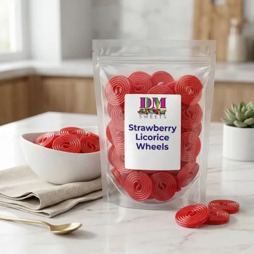 Vista 3 de Ruedas de regaliz de fresa premium de 1 libra, bolsa a granel de caramelo rojo gourmet masticable