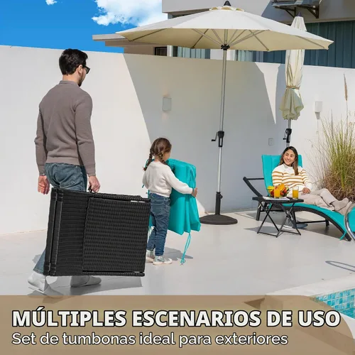 Vista 6 de Devoko Juego de tumbonas para patio al aire libre de ratán con respaldo ajustable, 3 piezas acolchadas para patio plegable con mesa plegable (azul)