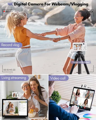 Vista 8 de Cámara digital 4K, cámaras de enfoque automático de 48 MP para fotografía, cámara compacta de vlogging con cámara frontal y trasera, cámaras