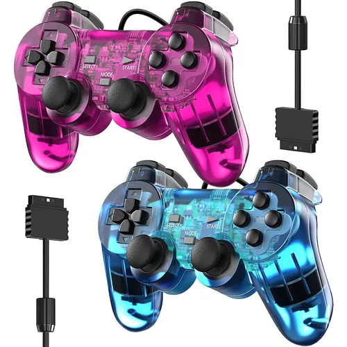 Vista 8 de Degulan Wired Controller for PS2 Double Shock, 2 Pack Gamepad Remote Compatible with Play station 2 (Clear Green and Clear Blue)