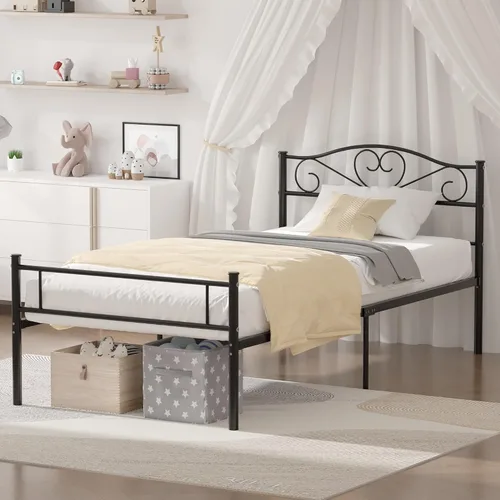 Vista 3 de VECELO Base de cama de plataforma de metal con cabecera y estribo, base de colchón de listones de acero, no necesita somier, individual, negro mate
