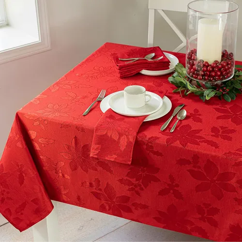 Vista 2 de Benson Mills - Mantel de tela de damasco Poinsettia Legacy, para fiestas, invierno y Navidad
