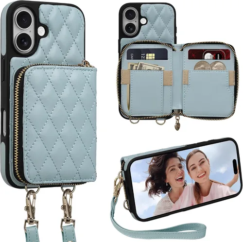 Vista 24 de Funda para iPhone 12 Pro/iPhone 12 de 6.1 pulgadas, cartera cruzada con cremallera para mujer, tarjetero con bloqueo RFID, funda de cuero con Negro