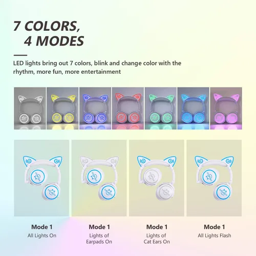 Vista 2 de Auriculares para niños, auriculares con orejas de gato con cable e inalámbricos, luces LED, auriculares Bluetooth inalámbricos plegables