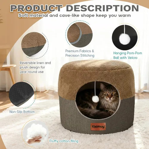 Vista 3 de Cueva de cama para gatos de interior, 2 en 1 plegable para gatos y cama lounge con cojín reversible, casa cerrada calmante y antiansiedad