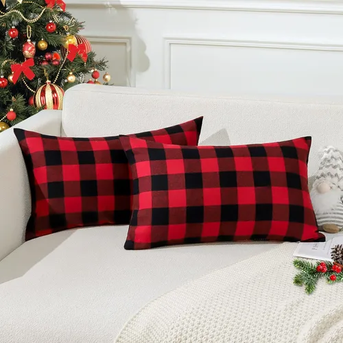 Vista 17 de OTOSTAR Paquete de 2 fundas de almohada decorativas de cuadros búfalo navideños de 12x20 pulgadas, lino clásico estilo granja, fundas de cojín