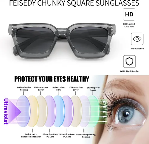 Vista 8 de FEISEDY Gafas de sol polarizadas para hombre y mujer, marco grueso cuadrado, rectangular, UV400, gafas de sol B2396