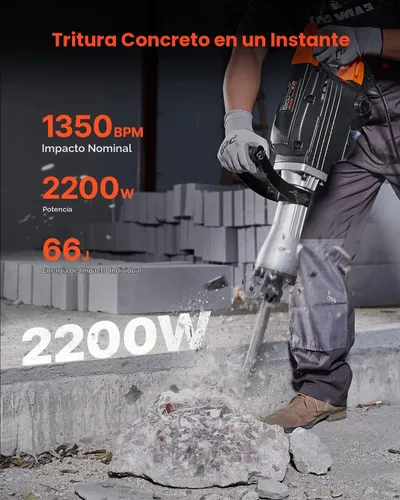 Vista 2 de VEVOR Martillo de demolición Jack Hammer, MAX 2200W Martillo eléctrico resistente, rompedor de concreto 1350 BPM 2 piezas de cinceles para astillas