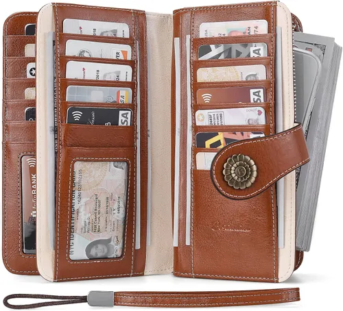 Vista 2 de BOSTANTEN Cartera de cuero genuino para mujer de gran capacidad cartera de mano con bloqueo RFID